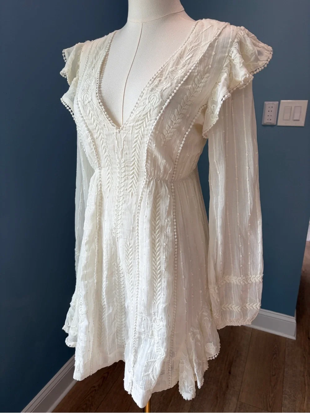 Free People Isabella Mini Dress Ivory Embroidered Ruffle Boho Size 0